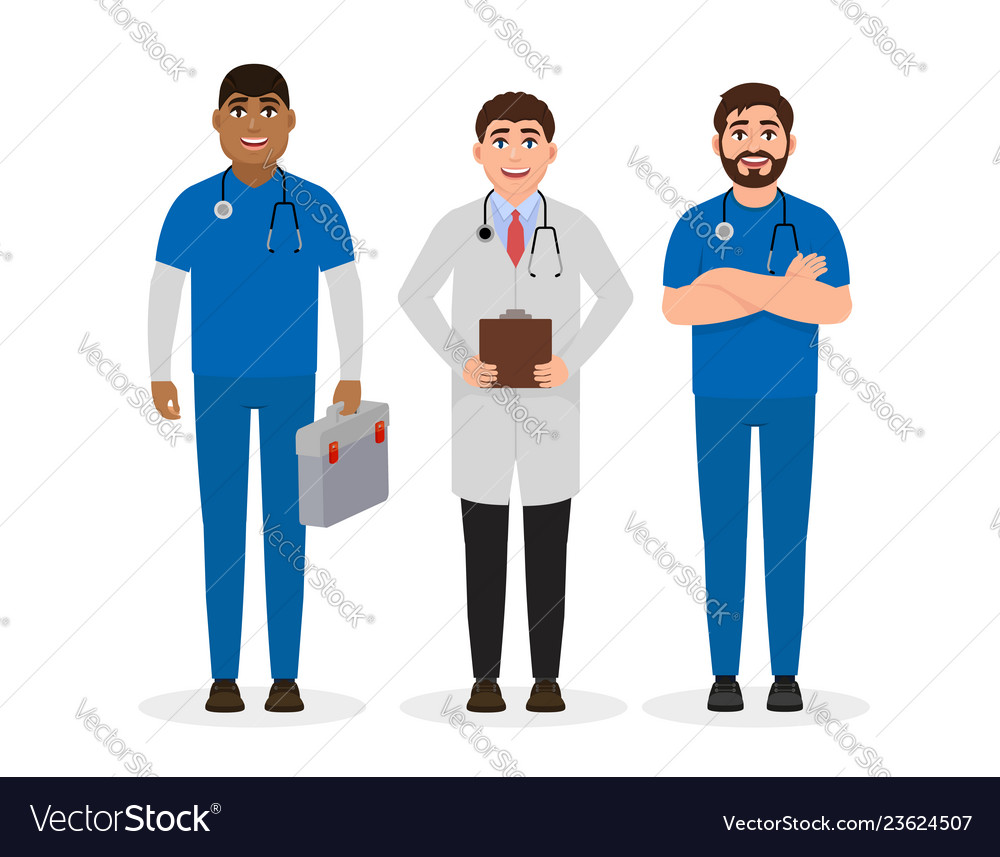 Doctors dressed in medical uniform three happy Vector Image