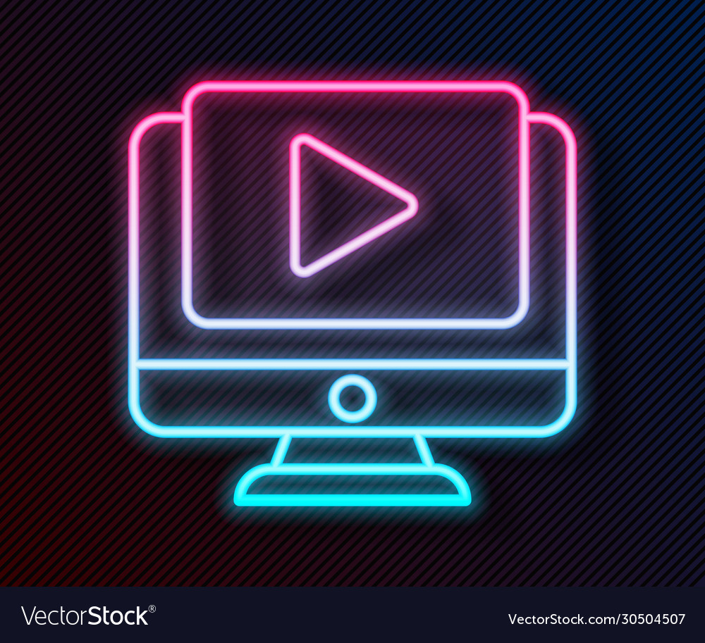 Glowing neon line online play video icon isolated
