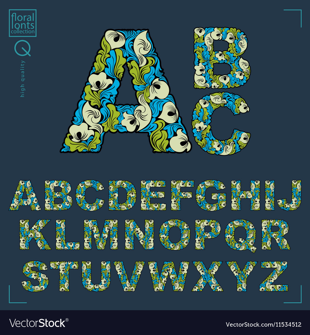 Floral alphabet sans serif letters drawn using