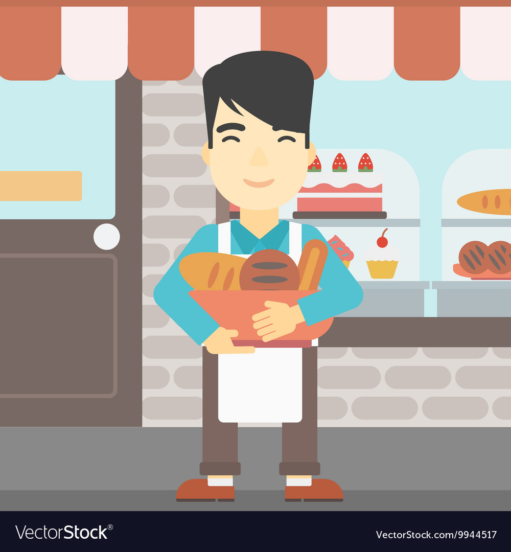 Baker holding basket with bakery products