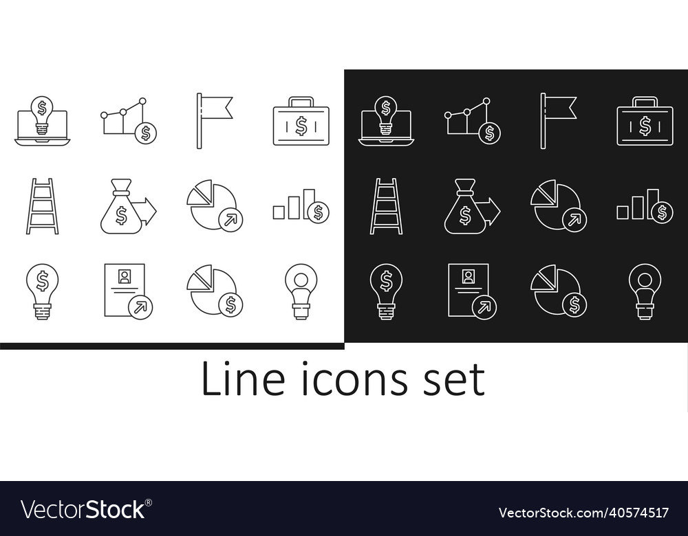 Set line head with lamp bulb pie chart and dollar