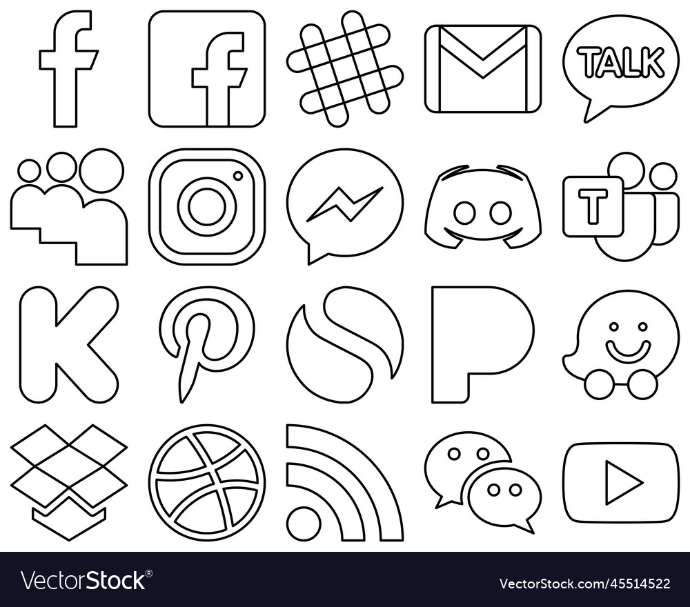 20 customizable black outline social media icons Vector Image