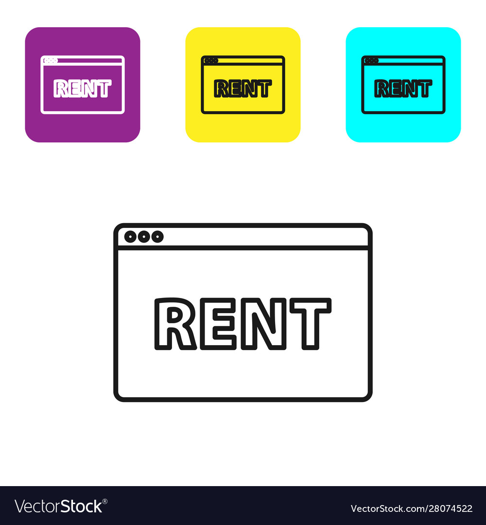 Black line hanging sign with text online rent icon