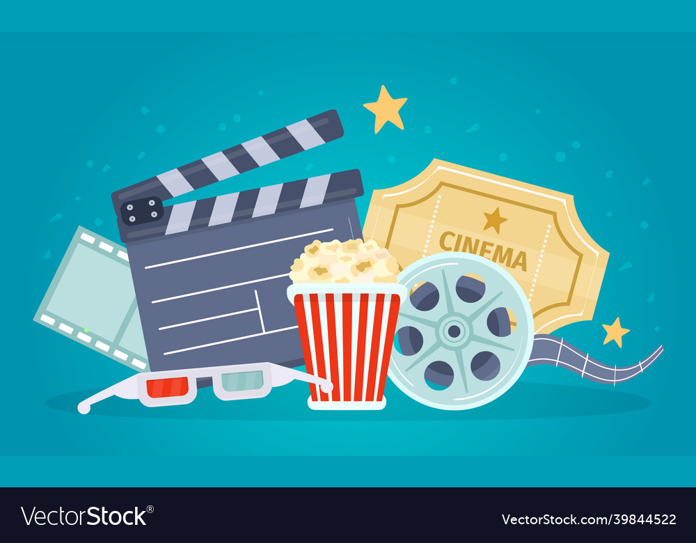 Movie poster with film reel clapboard popcorn vector image Movie poster with film reel clapboard popcorn