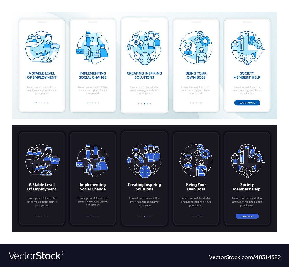 Social business benefits dark light onboarding Vector Image