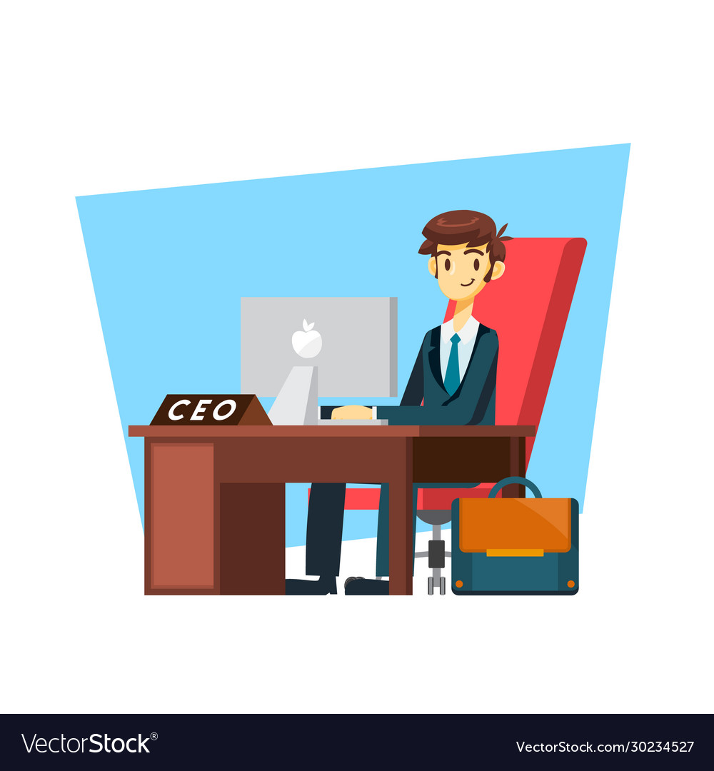 Businessman cartoon character sit in front desk vector image Businessman cartoon character sit in front desk