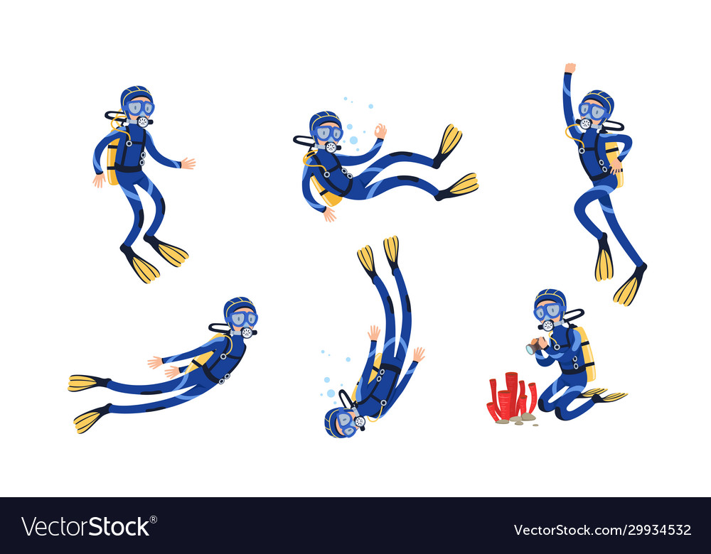 Collection scuba divers underwater free diver vector image Collection scuba divers underwater free diver