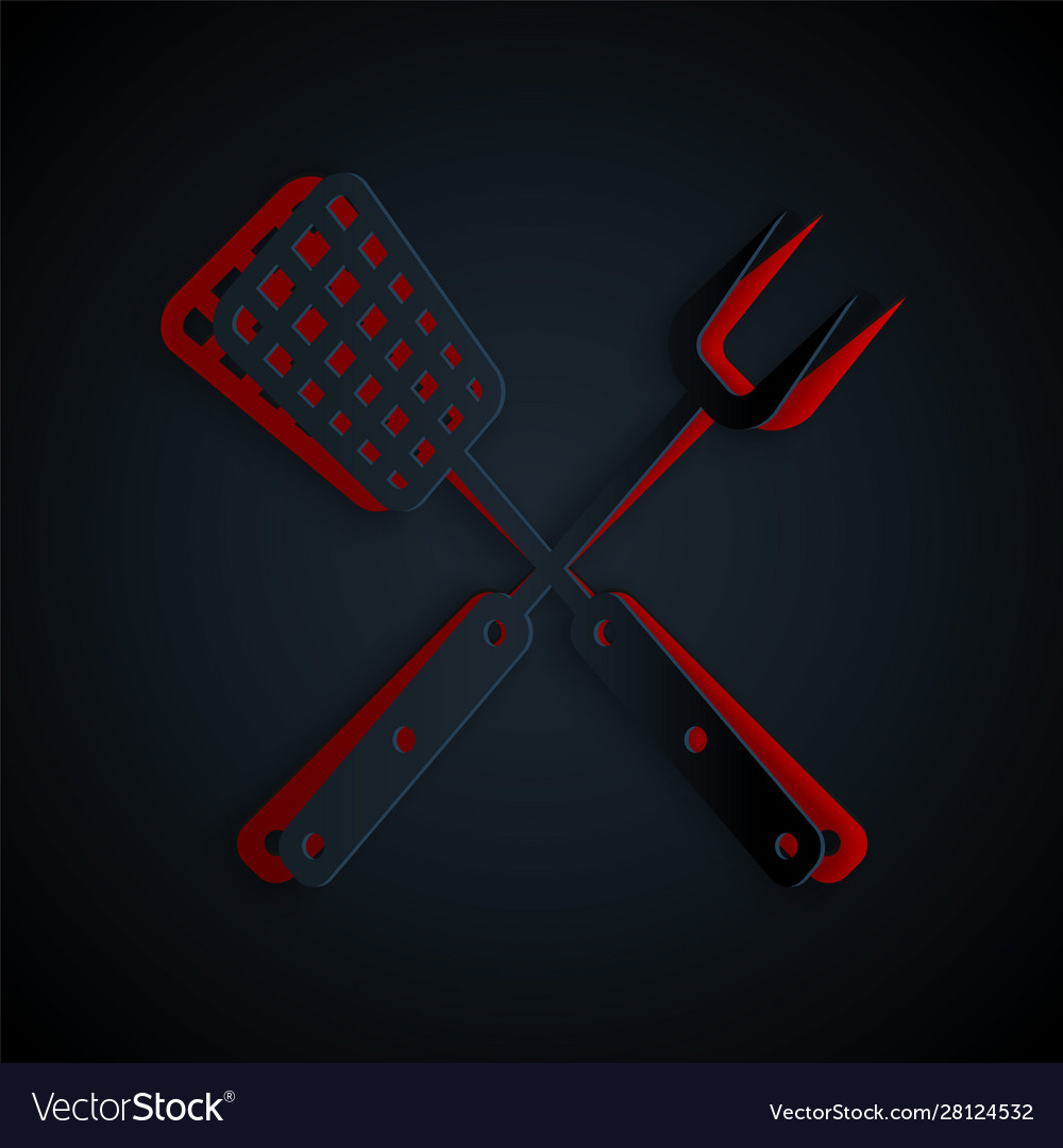 Paper cut crossed fork and spatula icon isolated