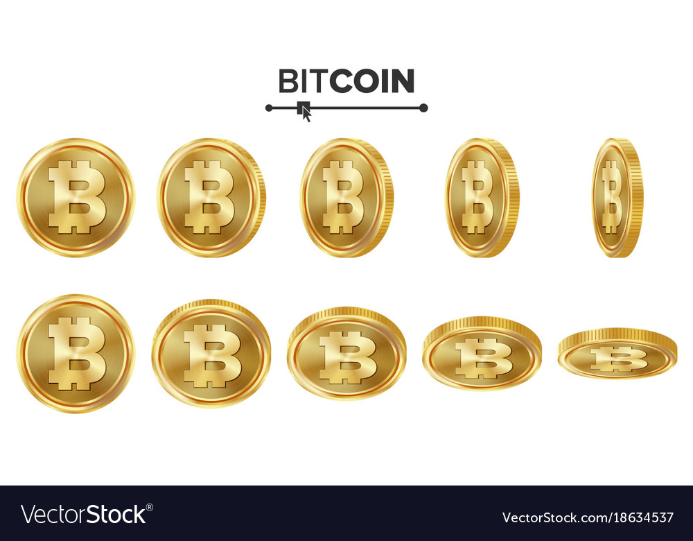 Bitcoin 3d gold coins set realistic flip