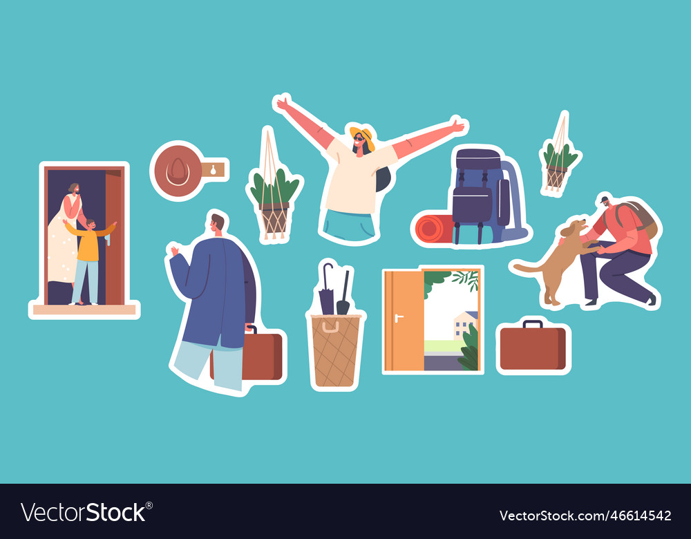 Set of stickers people returning home happy woman Vector Image
