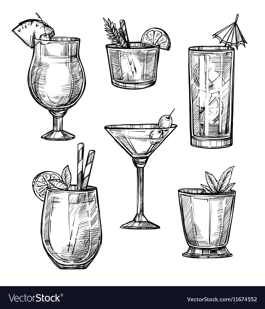 Alcoholic Cocktail Hand Drawn Sketch Set Vector Image 2047