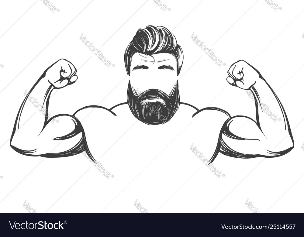 Arm bicep strong bearded man hand drawn Royalty Free Vector