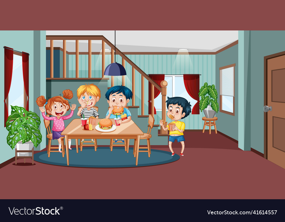 Children having meal together in room scene Vector Image