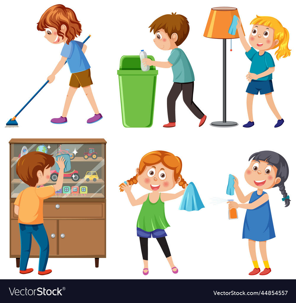 Kids cleaning at home set Royalty Free Vector Image