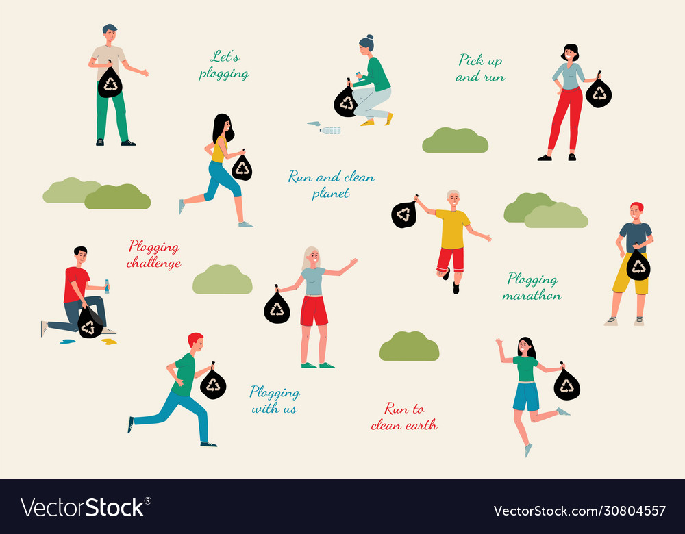 Plogging ecological challenge characters set flat