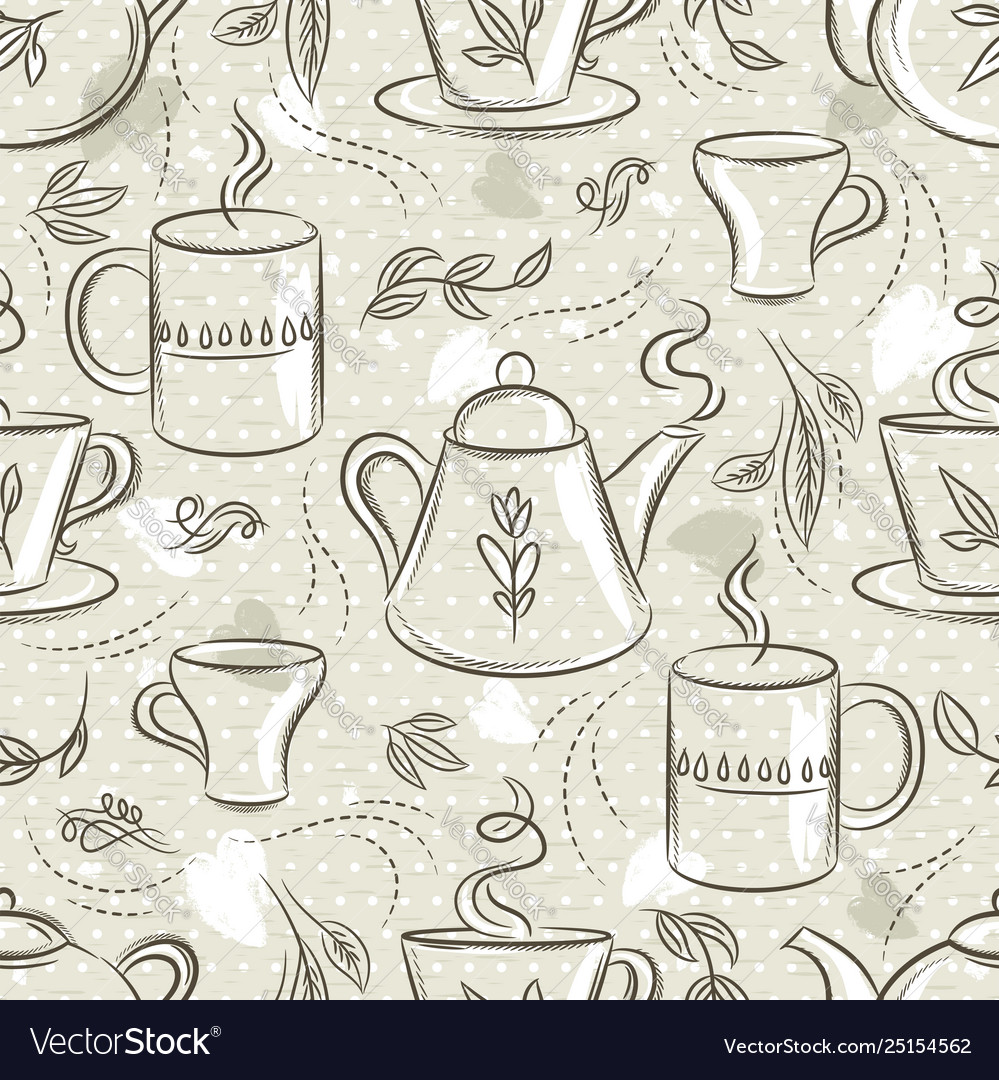 Beige seamless patterns with tea set cup