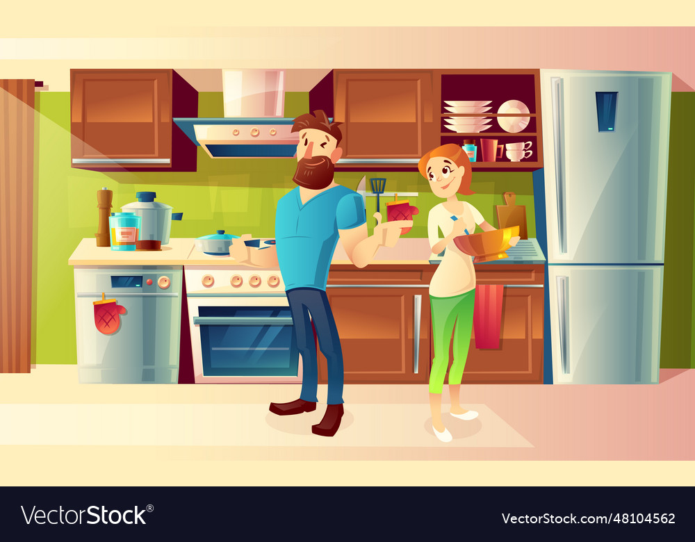 Cartoon happy couple in a modern kitchen Vector Image