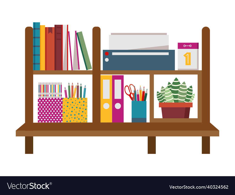 Home office shelf with decor in flat Royalty Free Vector