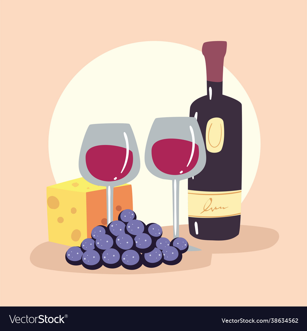 Wine bottle cheese grapes and cups Royalty Free Vector Image