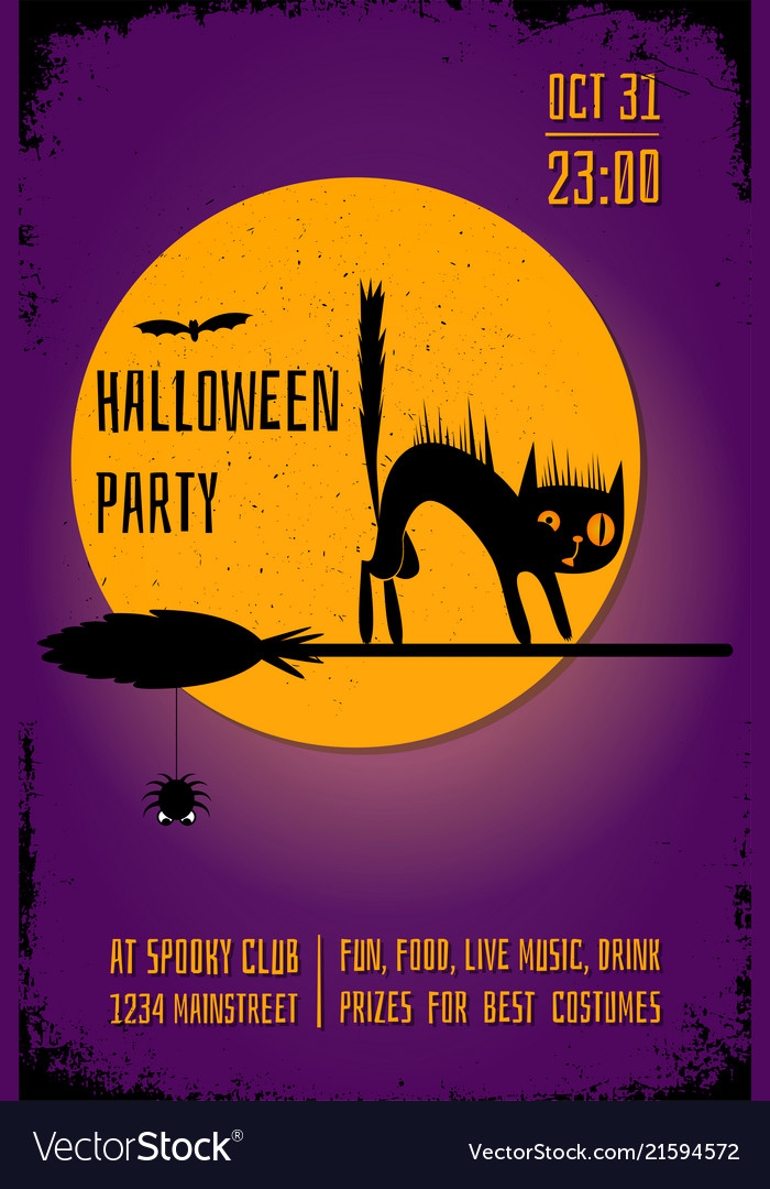 a halloween party banner with a black cat on witch vector image