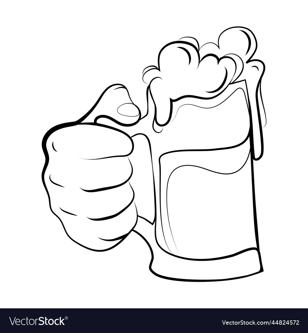 Male hand holding a beer mug with foam line emblem vector image Male hand holding a beer mug with foam line emblem