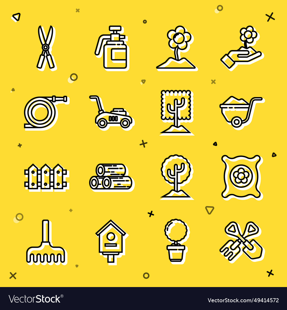 Set line shovel and rake pack full of seeds vector image Set line shovel and rake pack full of seeds