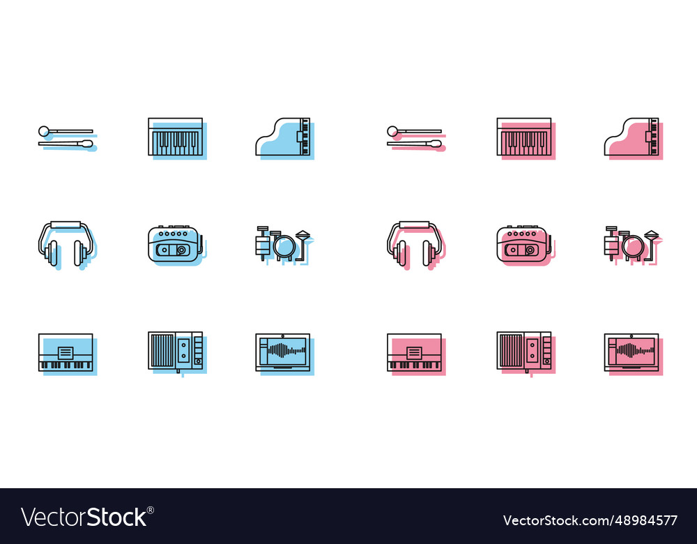 Set line piano music tape player drum sticks