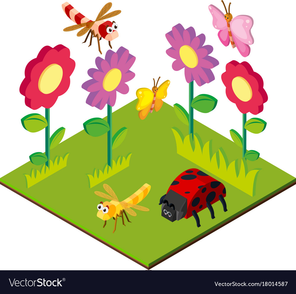 3d design for garden scene with bugs and flowers