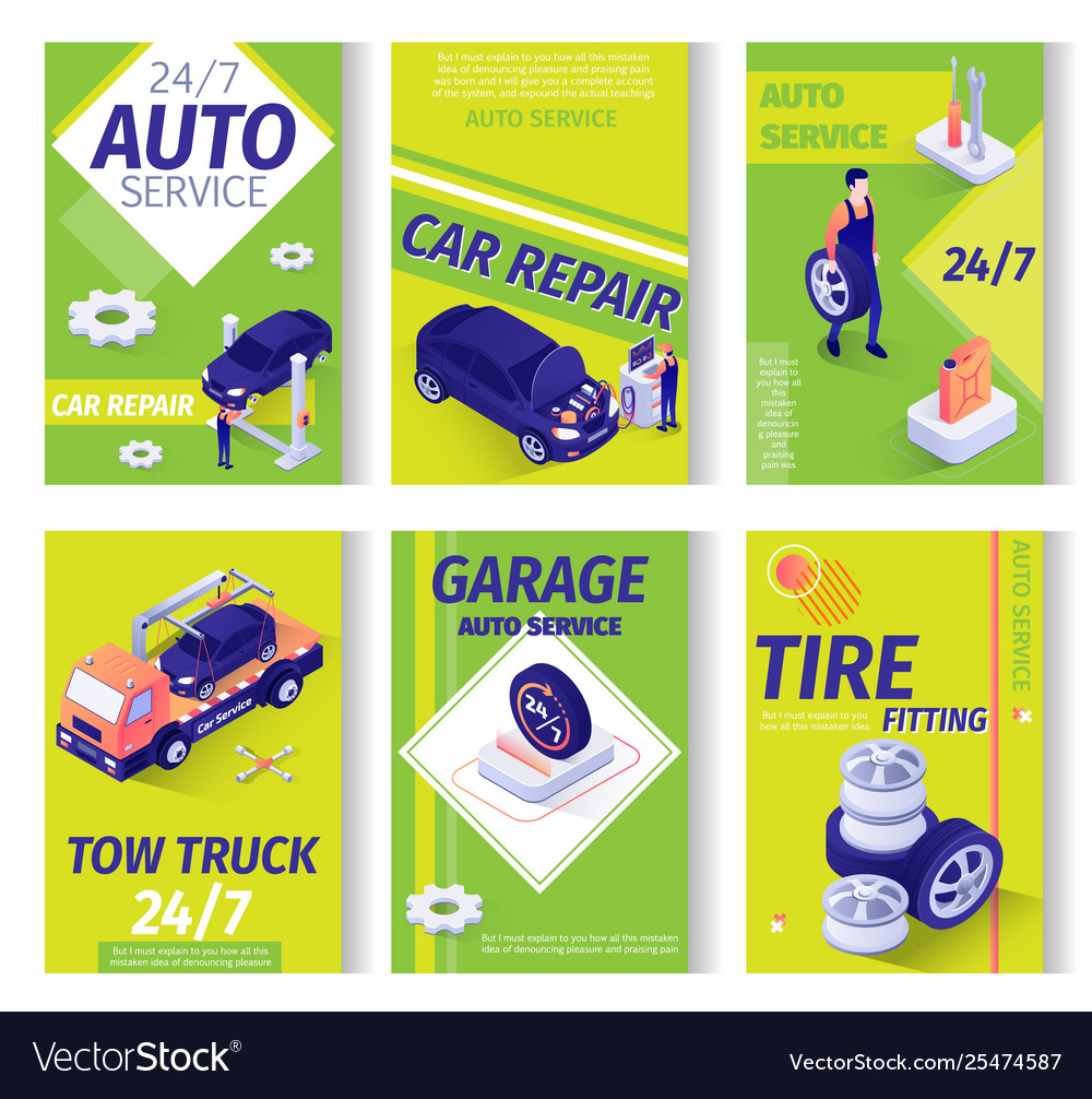 Car repair service advertisement isometric set Vector Image