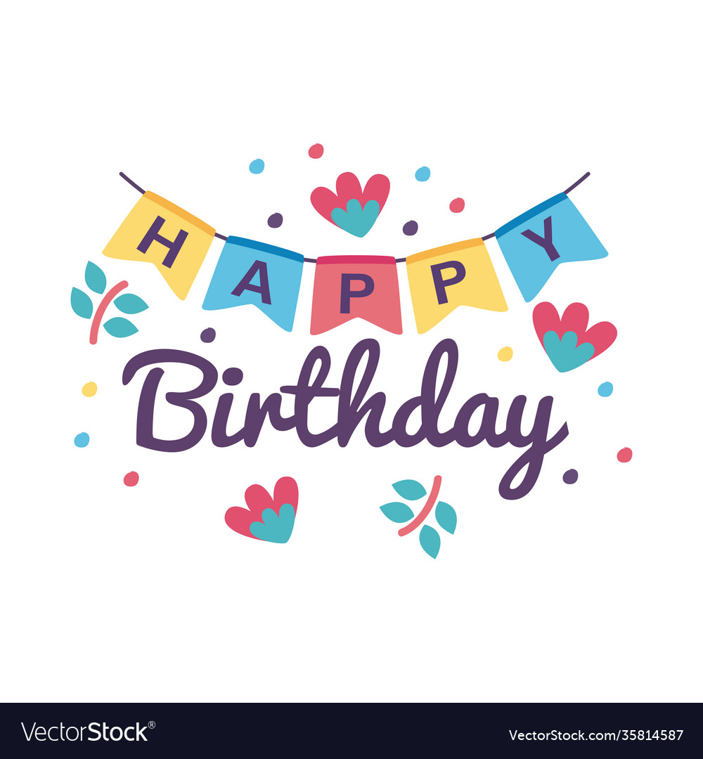 Happy birthday badge with garlands and flowers Vector Image