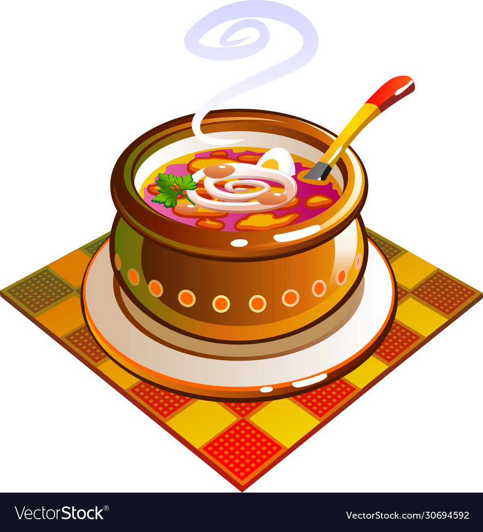 Hot vegetable soup with a spoon on a dish table vector image Hot vegetable soup with a spoon on a dish table