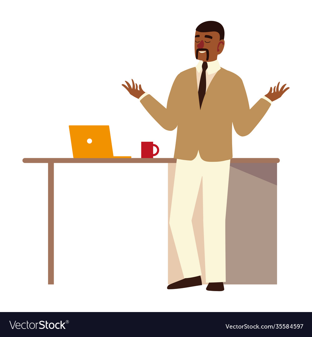 Afro american business man with laptop and coffee