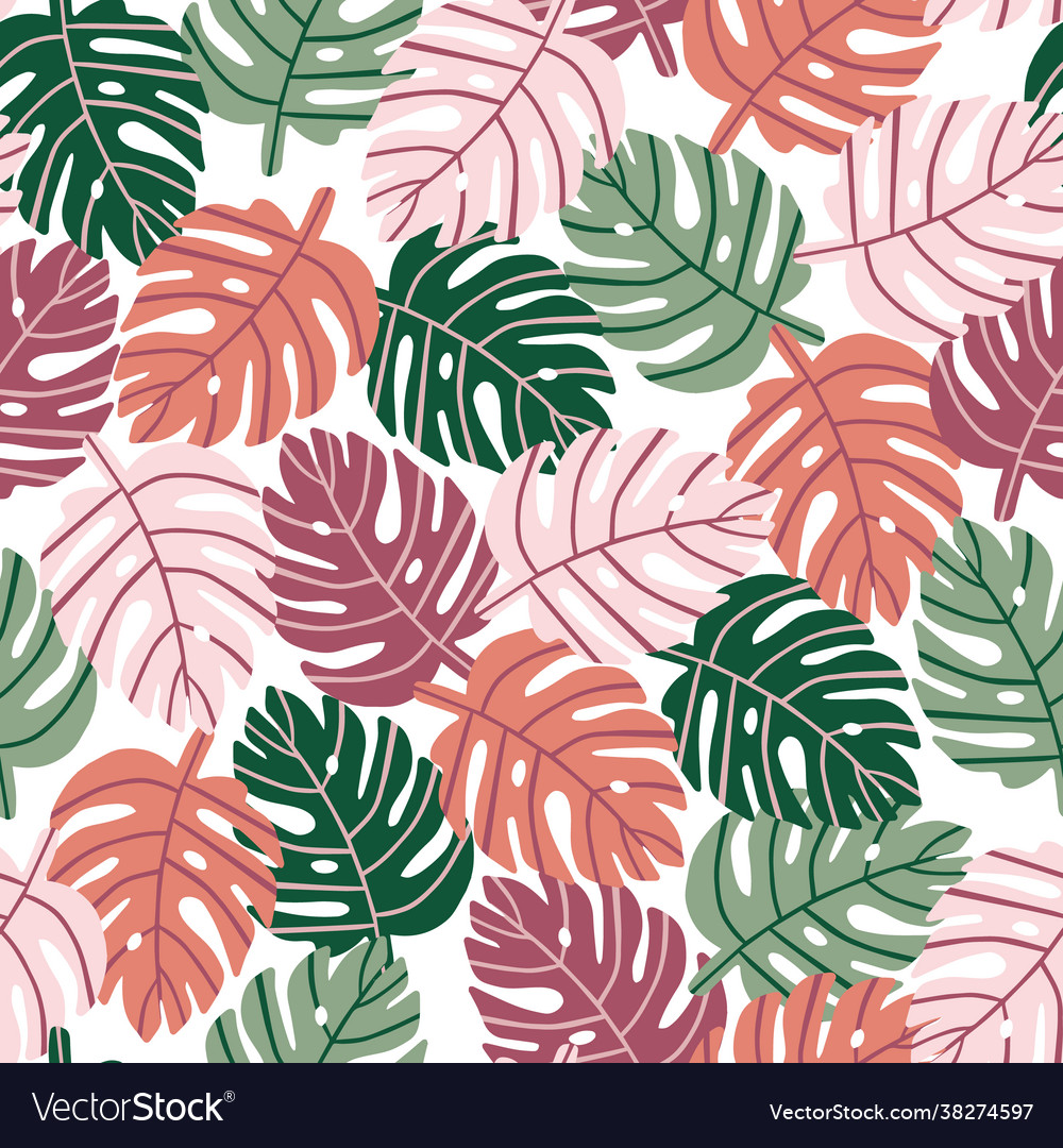 Colorful Tropical Monstera Leaves Seamless Vector Image