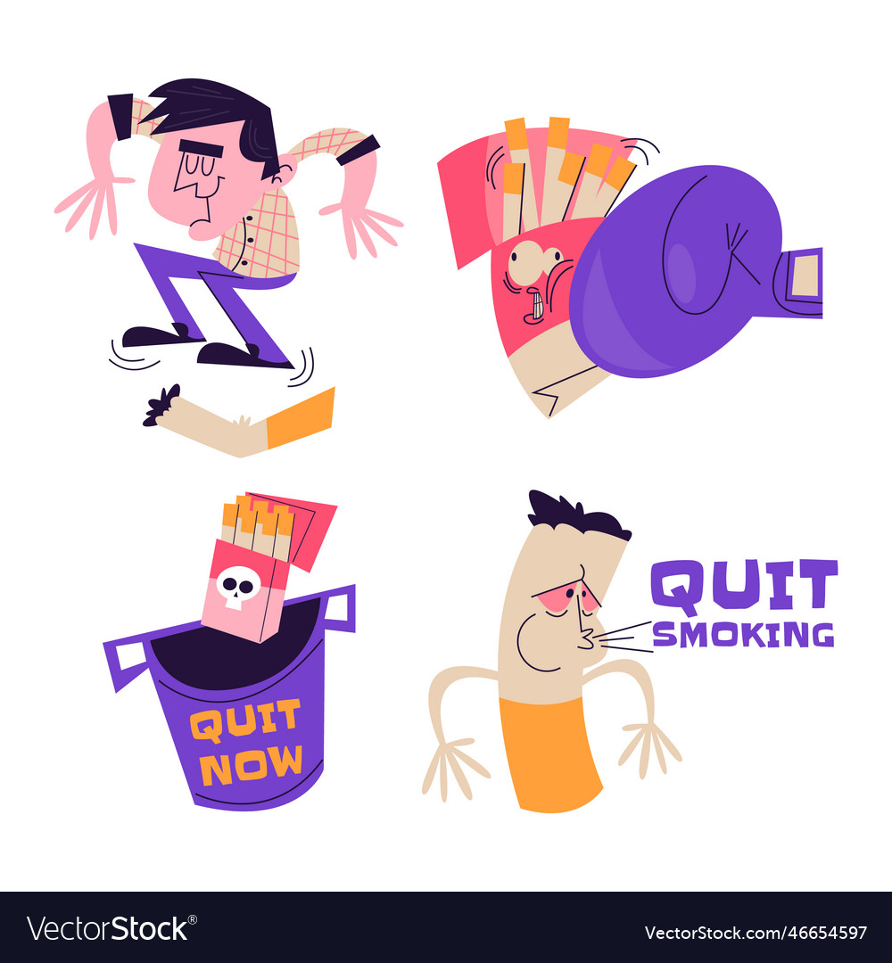 Retro cartoon quit smoking stickers set Royalty Free Vector