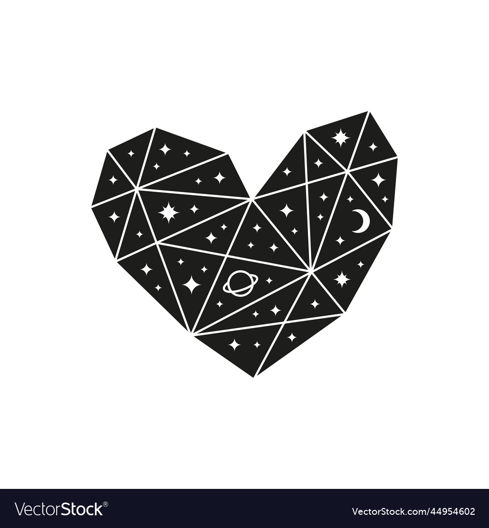 Polygonal celestial heart with stars and planet