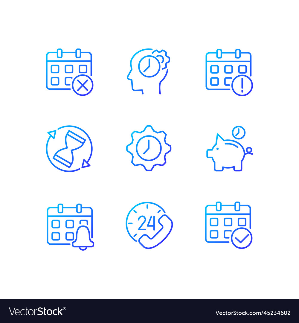 Time and date pixel perfect gradient linear icons vector image Time and date pixel perfect gradient linear icons