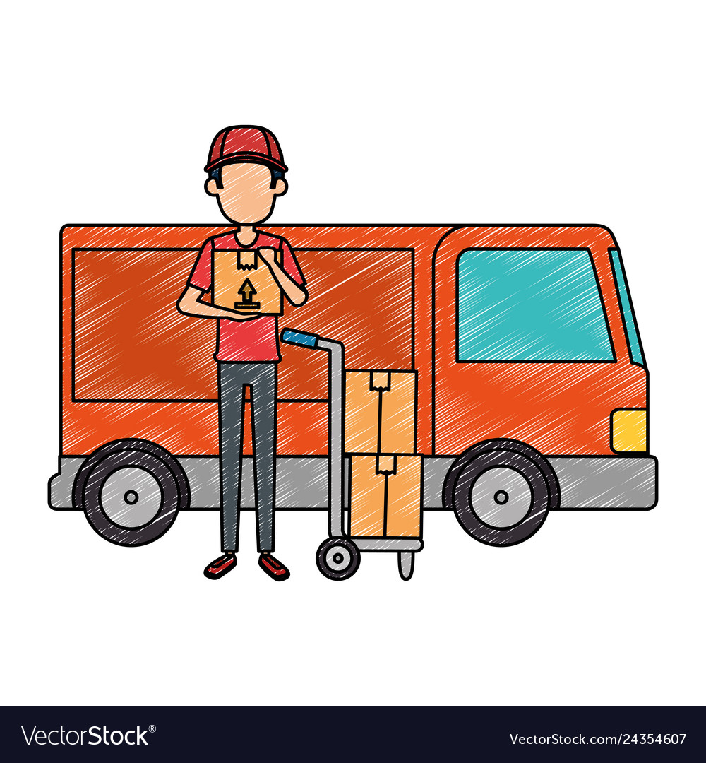 Delivery worker with cart and truck