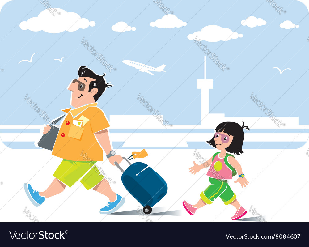 Funny air passenger and his daughter with baggage Vector Image