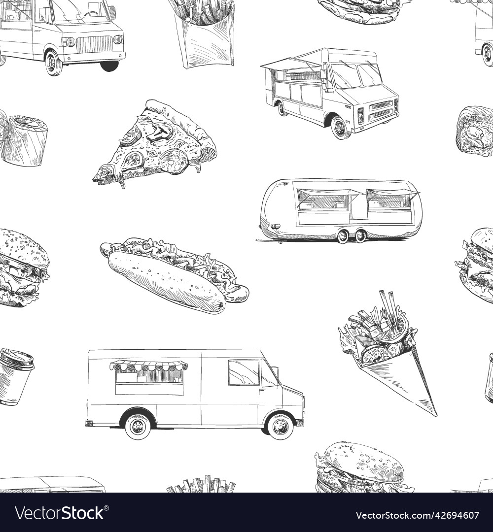 Hand drawn seamless pattern street food food truc vector image Hand drawn seamless pattern street food food truc