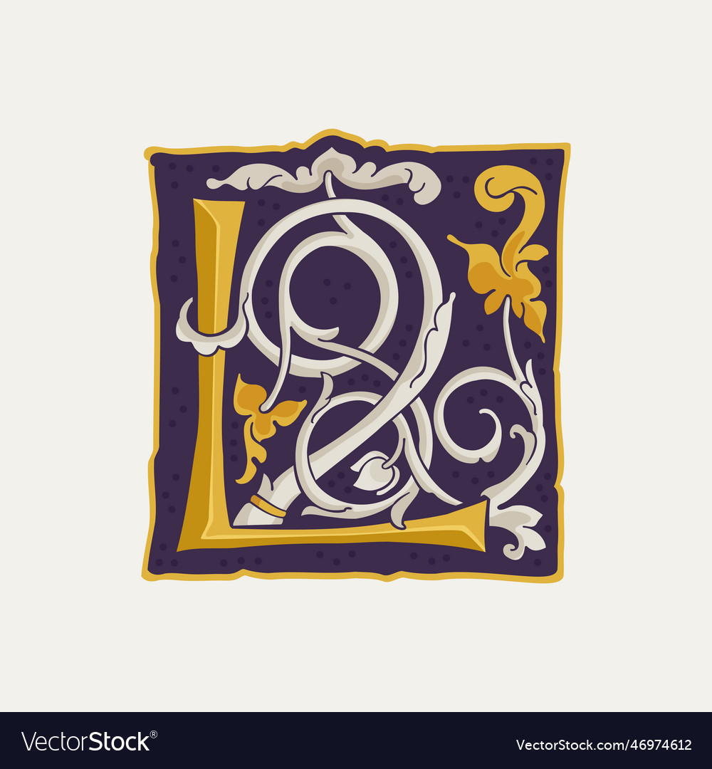 L letter drop cap logo square medieval initial Vector Image