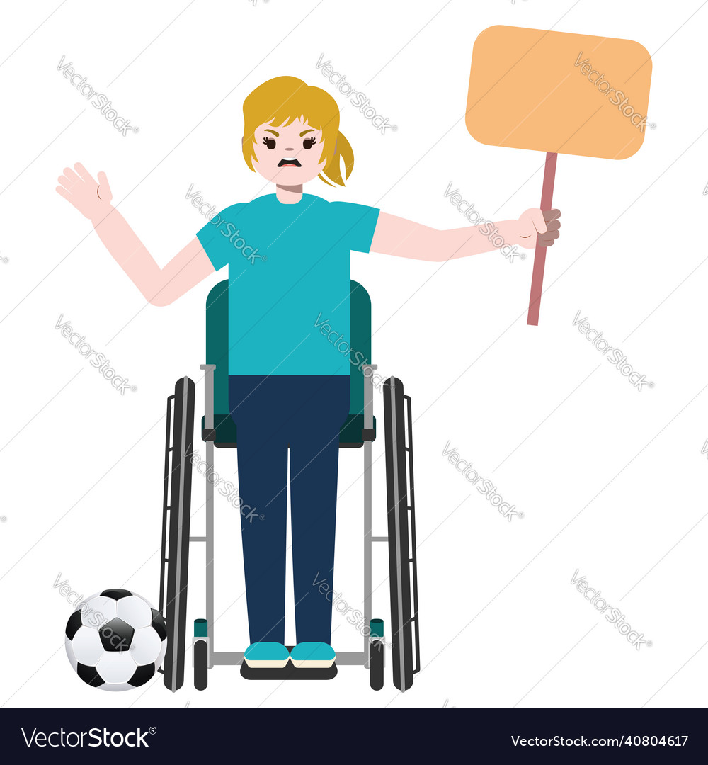 Blond girl soccer fan on wheelchair