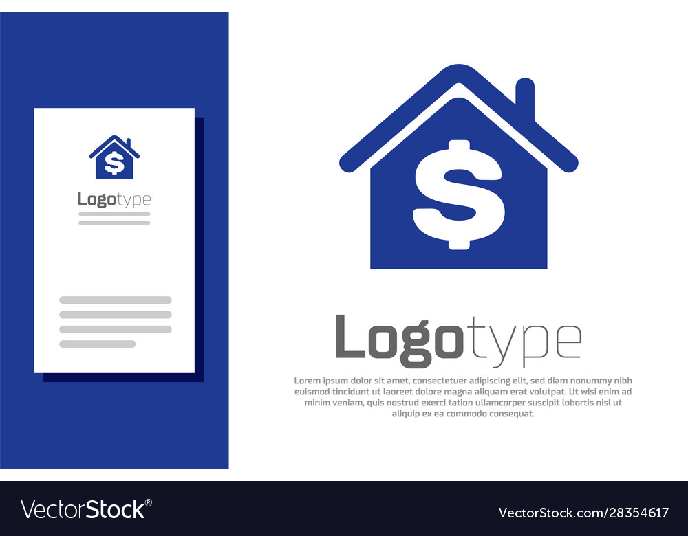 Blue house with dollar symbol icon isolated