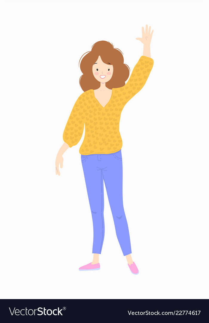 Woman in a yellow sweater is smiling and waving