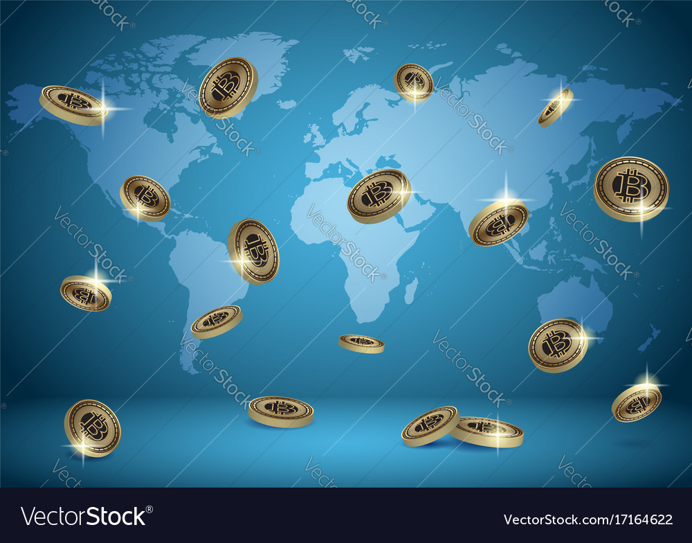 Blue background with world map and bitcoins