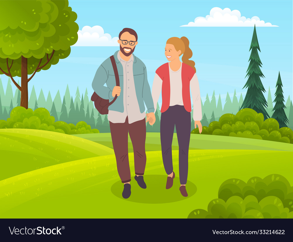 Couple walking in forest young bearded man Vector Image