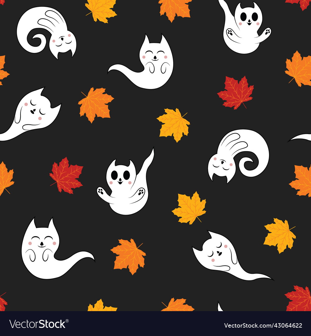 Cute ghost cats and maple leaves seamless pattern vector image Cute ghost cats and maple leaves seamless pattern