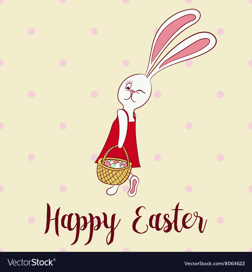 Happy easter poster rabbit girl keeps egg bascet