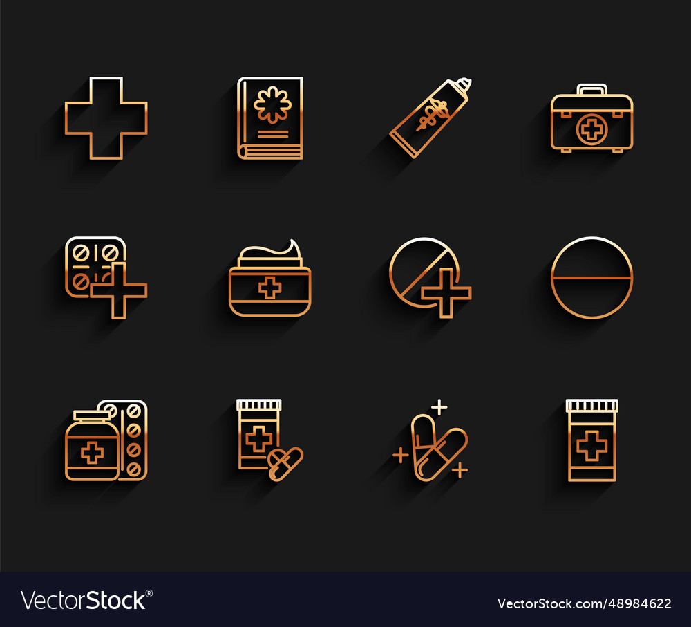 Set Linie Medizin Flasche und Pillen Kreuz Krankenhaus