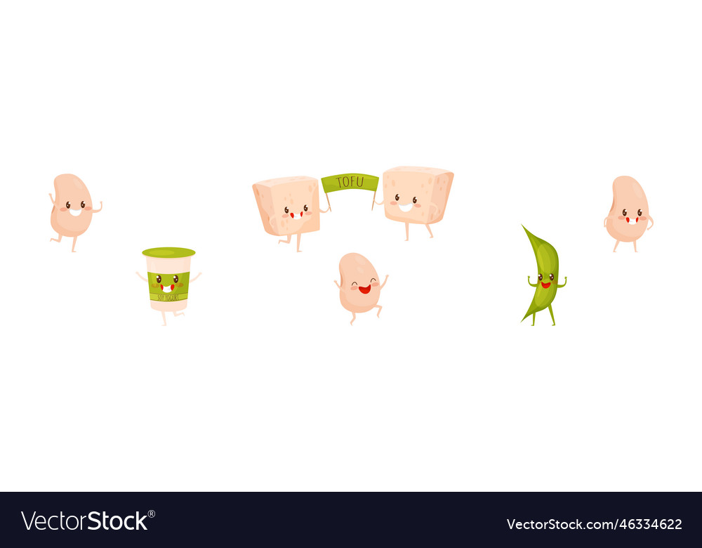 Soy products characters with cute smiling faces