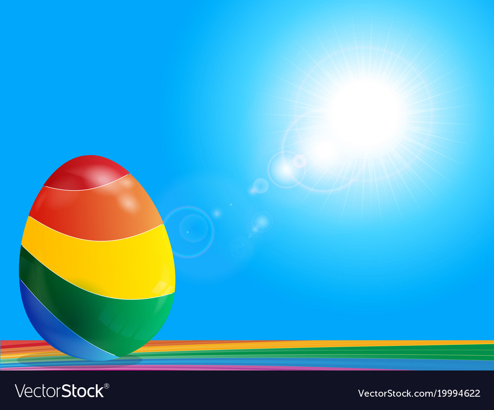 Striped easter egg on rainbow over blue sky